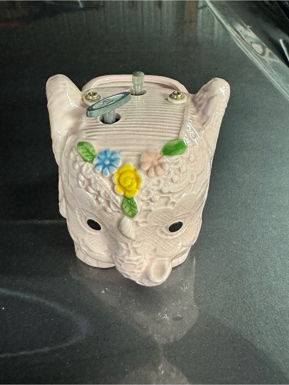 Pink Floral Ceramic Elephant Sculpture with Wind-Up Mechanism